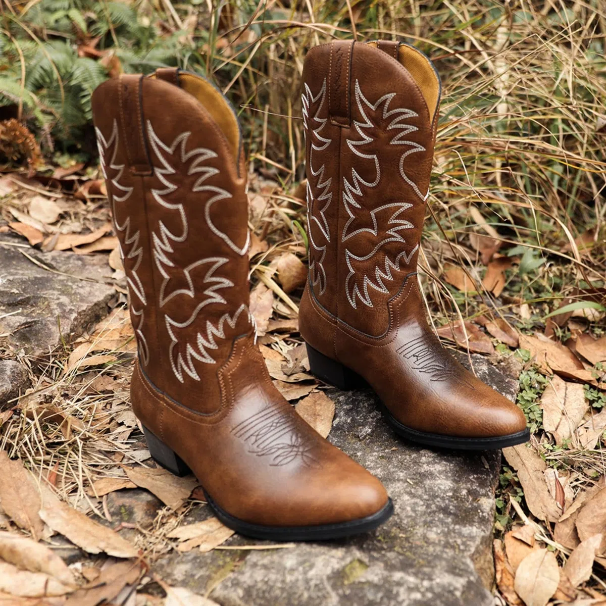 ANUFER Männer Stilvoll Gestickt Cowboy-Stiefel Western Absatz Spitze Zehe Slip-On Stiefel Mit Mittlerer Wade SN071164