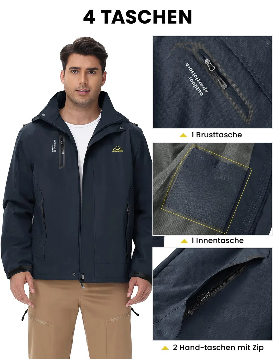 donhobo Herren Outdoor Wanderjacke Wasserabweisend Atmungsaktiv Winddichte Funktionsjacke Leicht Übergangsjacke Trekkingjacke Mäntel mit Abnehmbare Kapuze