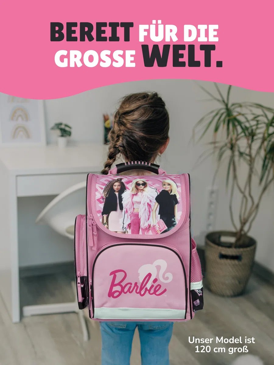 Familando - Schulranzen Set CLOU - 9-teilig mit Sporttasche - Barbie - Ergonomisch, stabil & mit gepolstertem Rücken - 930g leicht - 15L Volumen - Mit Reflektoren - Für Grundschule ab 1. Klasse