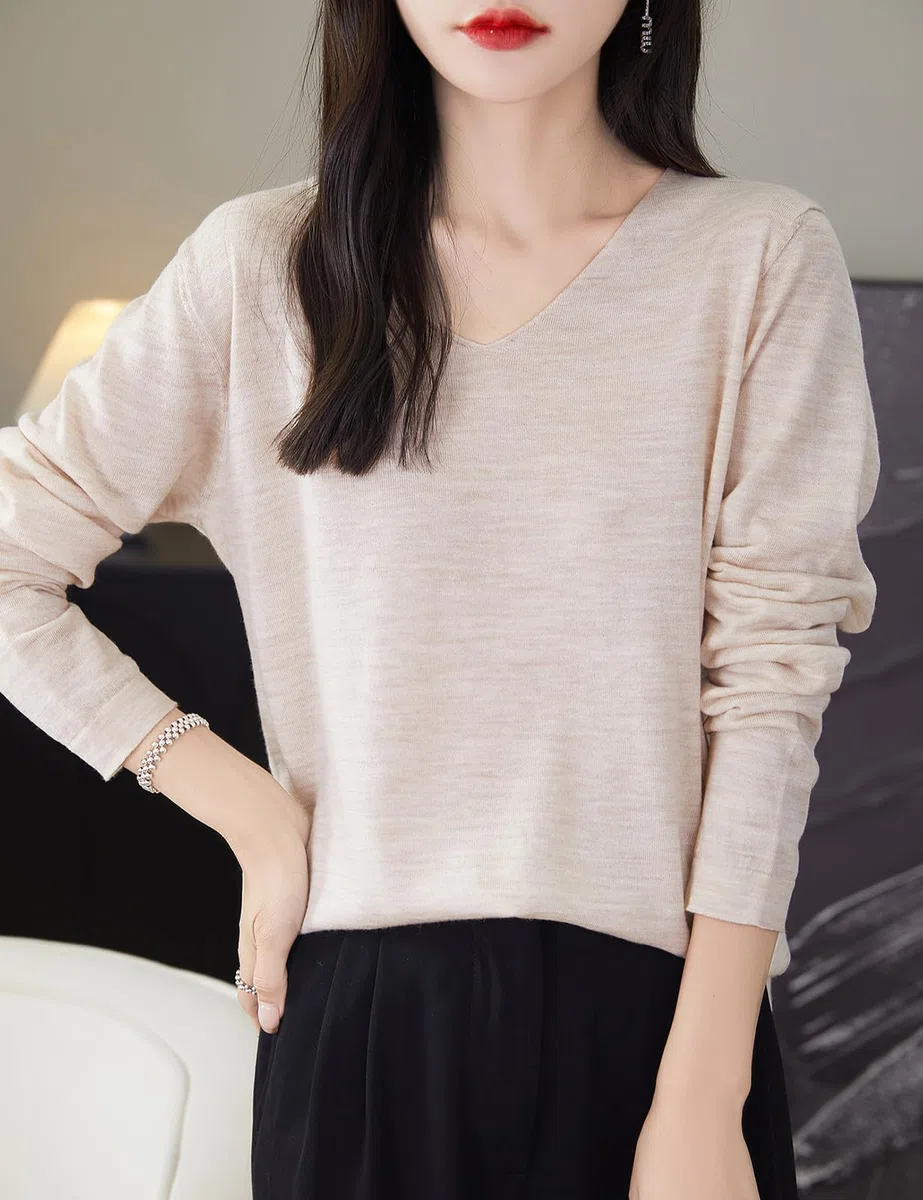 Chanyarn 100% Merino Wolle Shirt Damen Basisschicht V-Ausschnitt Langarm für Reisen Wandern T-Shirt Unterwäsche Oberteil