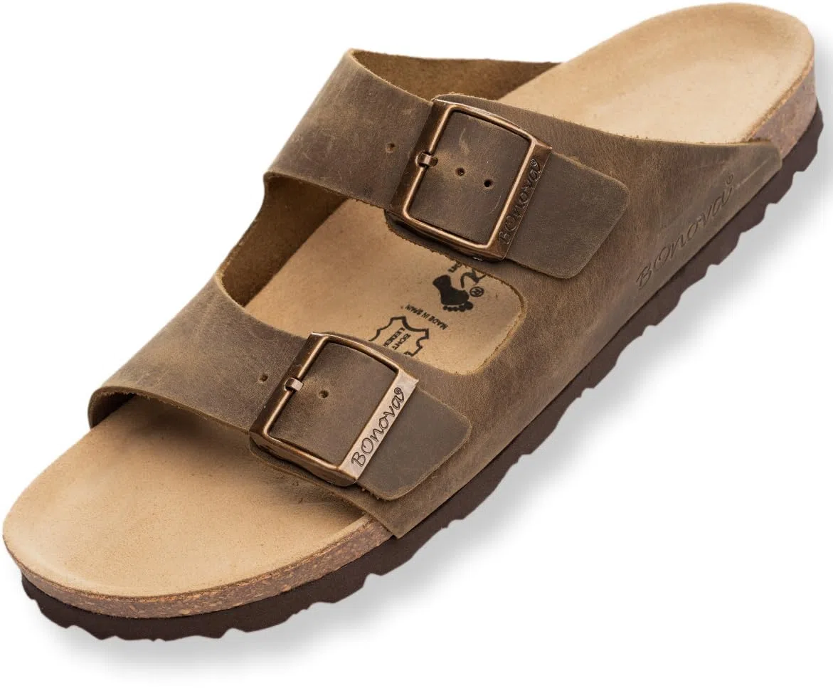 BOnova Schwanberg Echtleder Herren Pantolette in 2 Farben in Größen 40-48: Bequeme Hausschuhe aus Echtleder mit Kork-Fußbett - Sandalen hergestellt in der EU