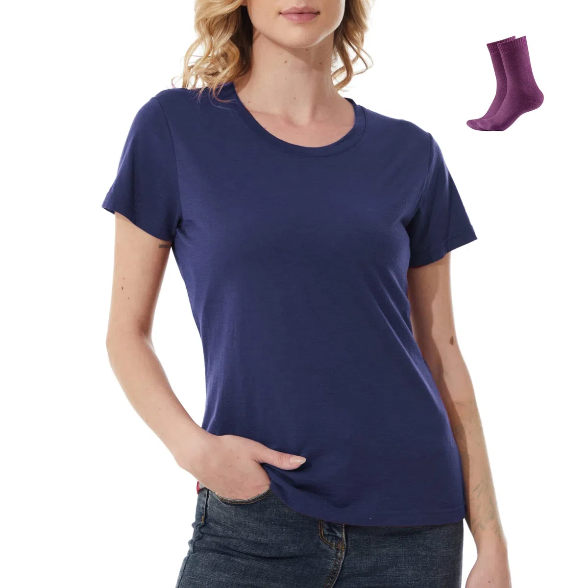 MERINNOVATION Merinowolle T-Shirt Damen Wandern und Outdoor Atmungsaktiv und Geruchsneutral Merino Unterwäsche Base Layer + Merinowolle Socks
