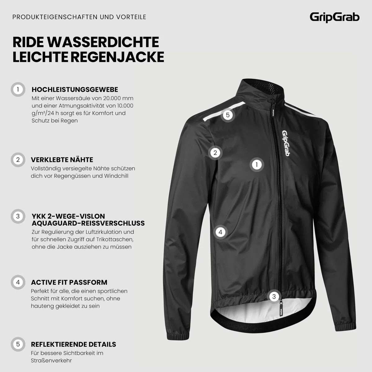 GripGrab RIDE Rennrad Regenjacke Herren Wasserdicht MTB Gravel Bike Jacke | Atmungsaktive Radsport Regen Jacke mit 20K Wasserschutz, 2-Wege-Reißverschluss und reflektierenden Details
