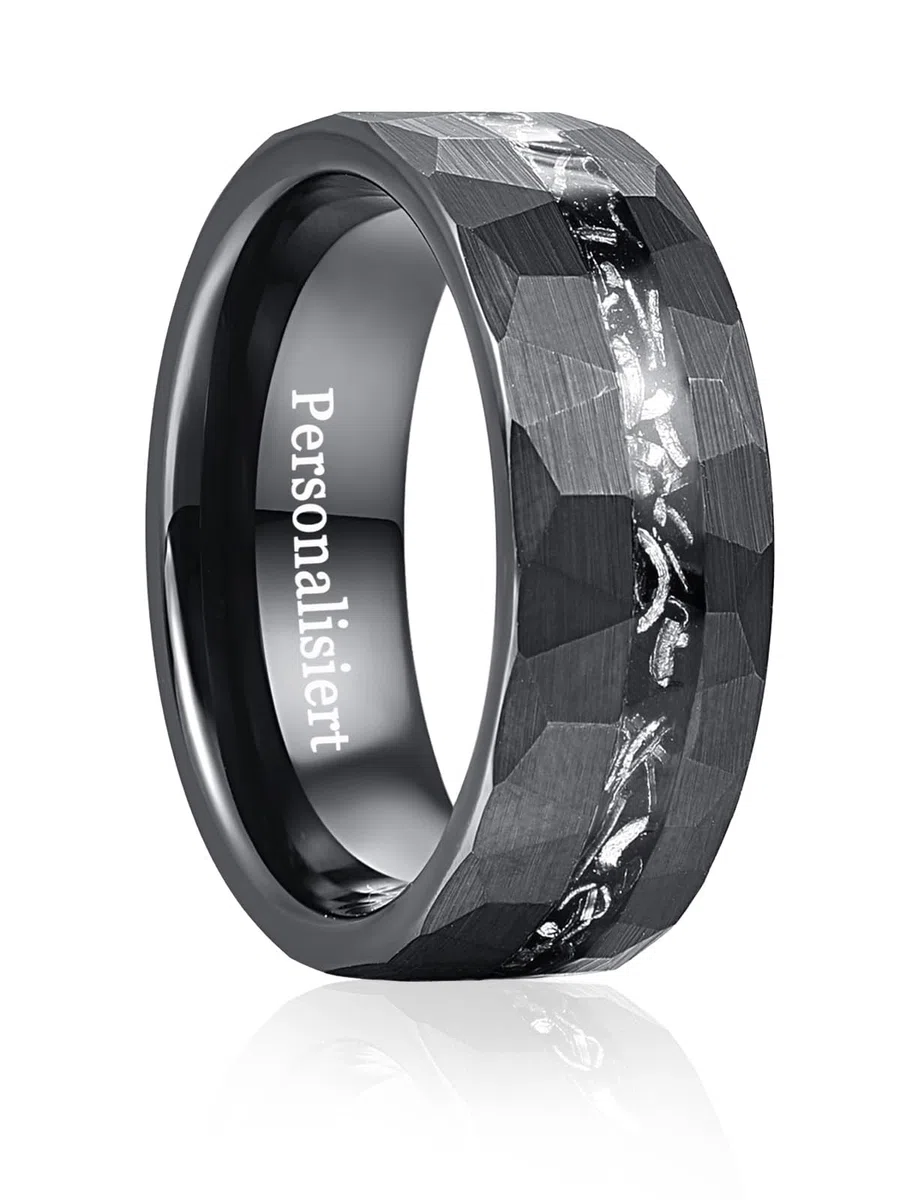 Vakki 8mm Herren Schwarz Wolfram Ring mit Gehämmerter, Strukturierter Einlage aus Meteorit für Hochzeit, Jahrestag, Geburtstag, Größe 54.4(17.3)-67.2(21.4)