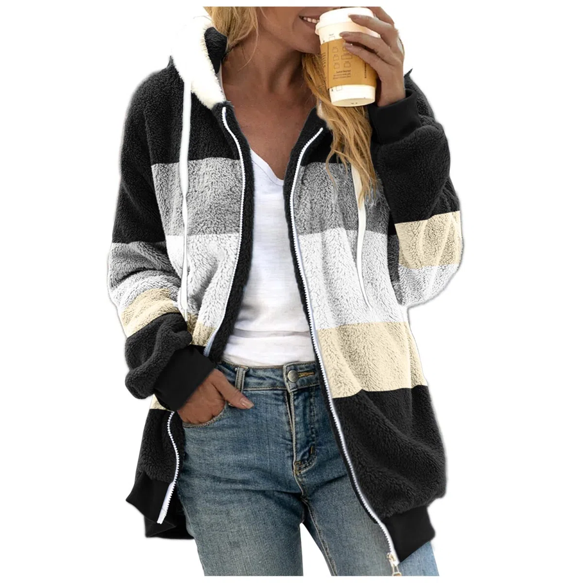 Verdickter Damen-Übermantel, einfarbig, warm, mit Fleece gefüttert, mit Reißverschluss, Umstands-Fleece-Jacke