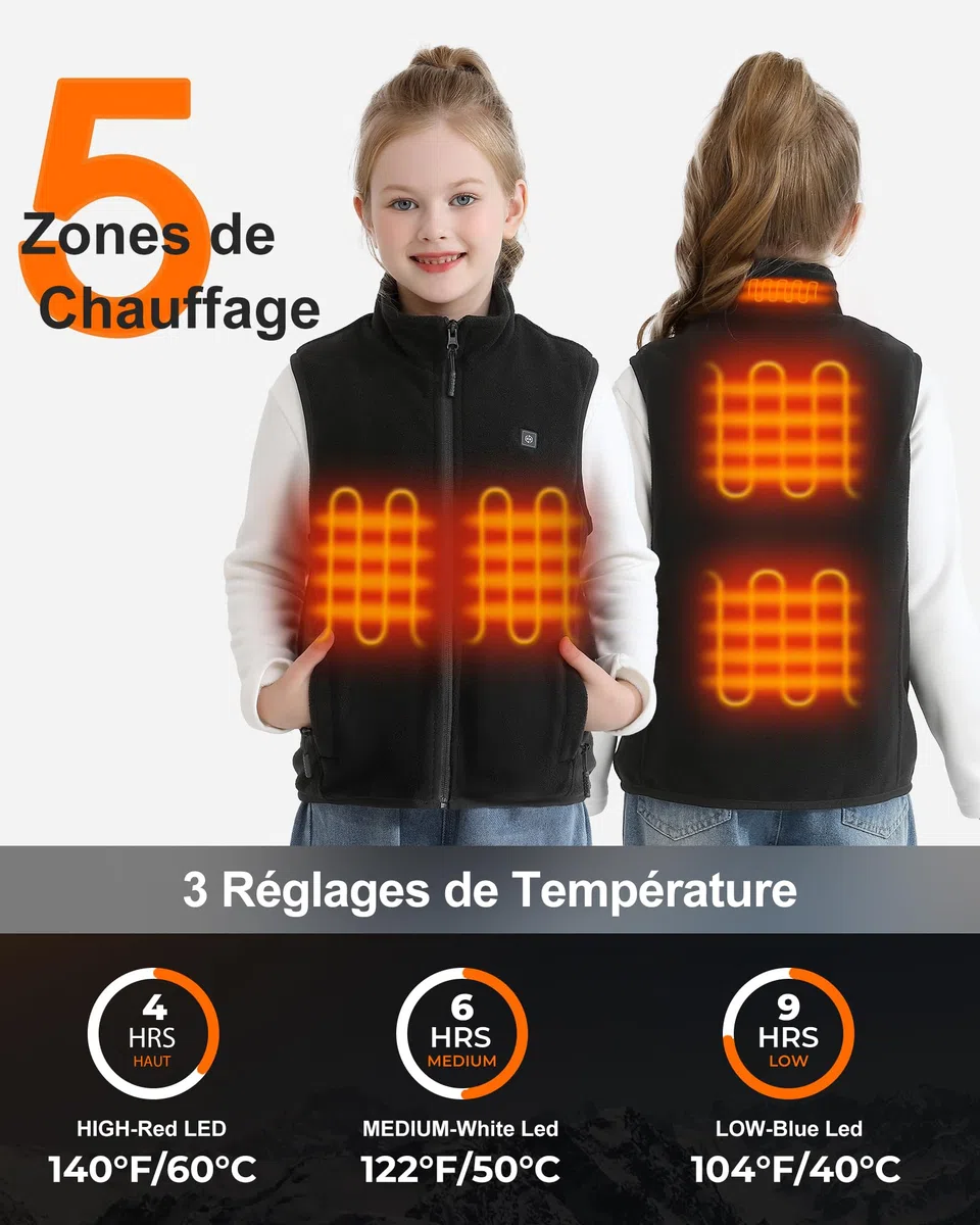 Unisex Fleece Heizweste Kinder mit powerbank 12000 mAh 7.4 V, Beheizbare Weste Kinder mit 5 Heizzone, Heizweste Jungen und Mädchen für Winter Outdoor-Oberteil Leichte - XL