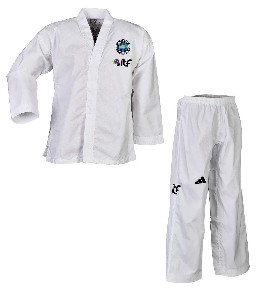 adidas Taekwondoanzug Quest ITF | Dobok mit neuem ITF Logo | für Kinder und Erwachsene | Leicht und atmungsaktiv | Revers Weiß | für Training und Wettkampf | für Körpergröße 120-200 cm