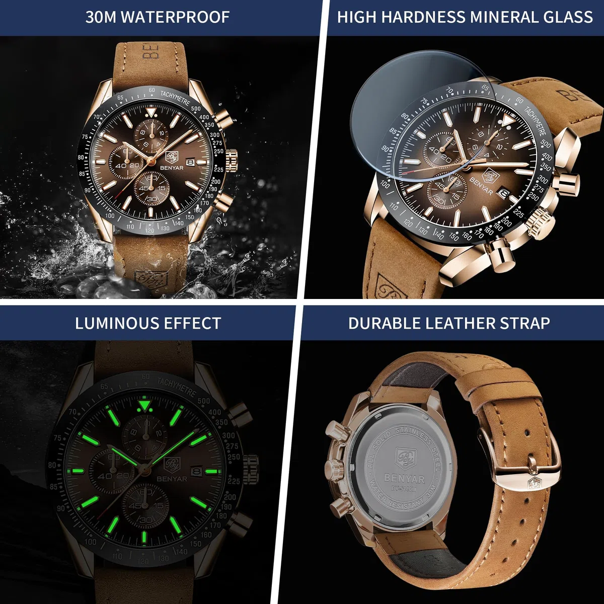 BENYAR BY herrenuhr Braun Leder Strap Quarz Chronograph Uhr Männer Datum Kalender Wasserdicht Armbanduhr Herren Sport mit Blau/Schwarz Zifferblatt