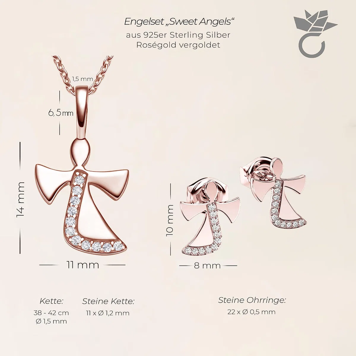Schmuckset Mädchen Rosegold (Silber 925 vergoldet) Engel Kette Kommunion | Geschenke für Mädchen Schmuck Schutzengel Kette Kinder Geburtstag Taufe Geschenke zur Geburt Kinderkette Halskette Ohrringe