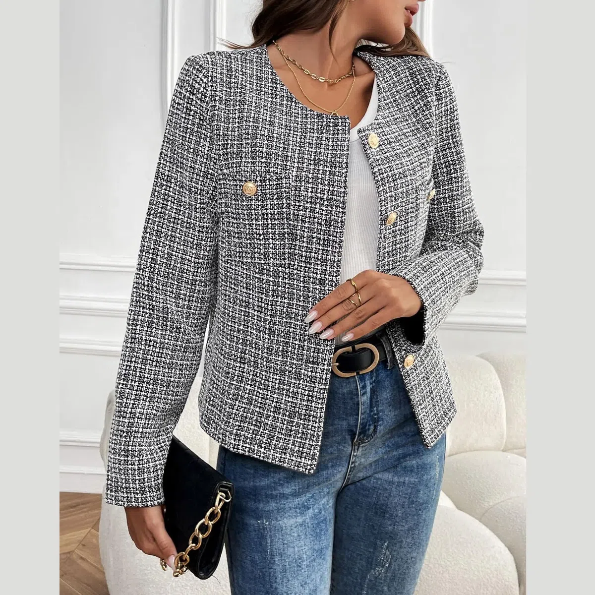 Damen Tweed Blazer Jacke – Langarm, Große, Rundhals, Business Casual Mantel, Chic und Komfortabel für Jede Gelegenheit