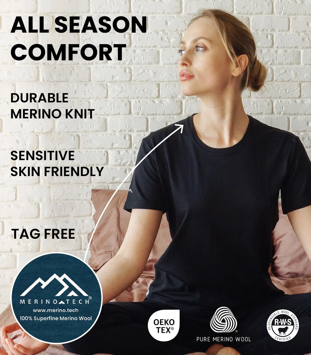 100% Merino Shirt Damen V-Ausschnitt - Merino Unterwäsche Damen - Sportshirt Wandershirt Schnell Trocknend, Atmungsaktiv, Anti Schweiss (XX-Large, Black V-Neck)