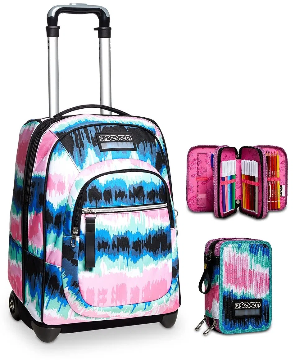 Seven Trolley SHADECOL Girl, 2 in 1,Rucksack mit Trolleyfunktion für Kinder,Schule, Reisen, Federmäppchen, Mehrfarbig, Federtasche für Schreibwaren,Kugelschreiber, &Mädchen & Jungen,Grundschule