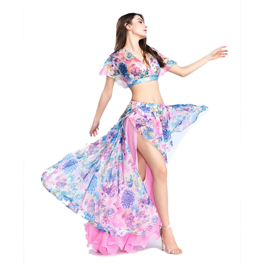 ROYAL SMEELA Bauchtanz Rock Bauchtanz Oberteil Anzug Sexy Bauchtanz kostüm Damen Performance Kleider Blumen Chiffon Tanzen Tops Röcke Tanz Outfit Set für Frauen Tanzkostüm Röcke Oberteil Tanzanzug
