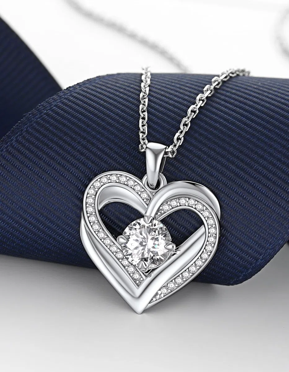MomentWish Halskette Damen Silber 925, 1 Karat Moissanite Kette Diamant Silberkette mit Herz Anhänger Rosegold Schmuck Geschenk für Frauen Freundin Mama