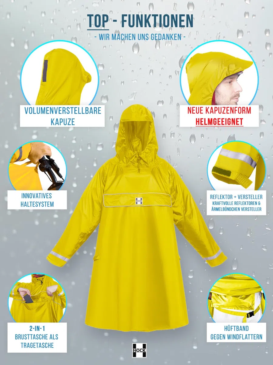 HOCK Premium E-Bike Poncho, Regenponcho mit Ärmel für Fahrrad und E-Bike - für Helme geeignet - Regencape 100,0% wasserdicht, Fahrradponcho