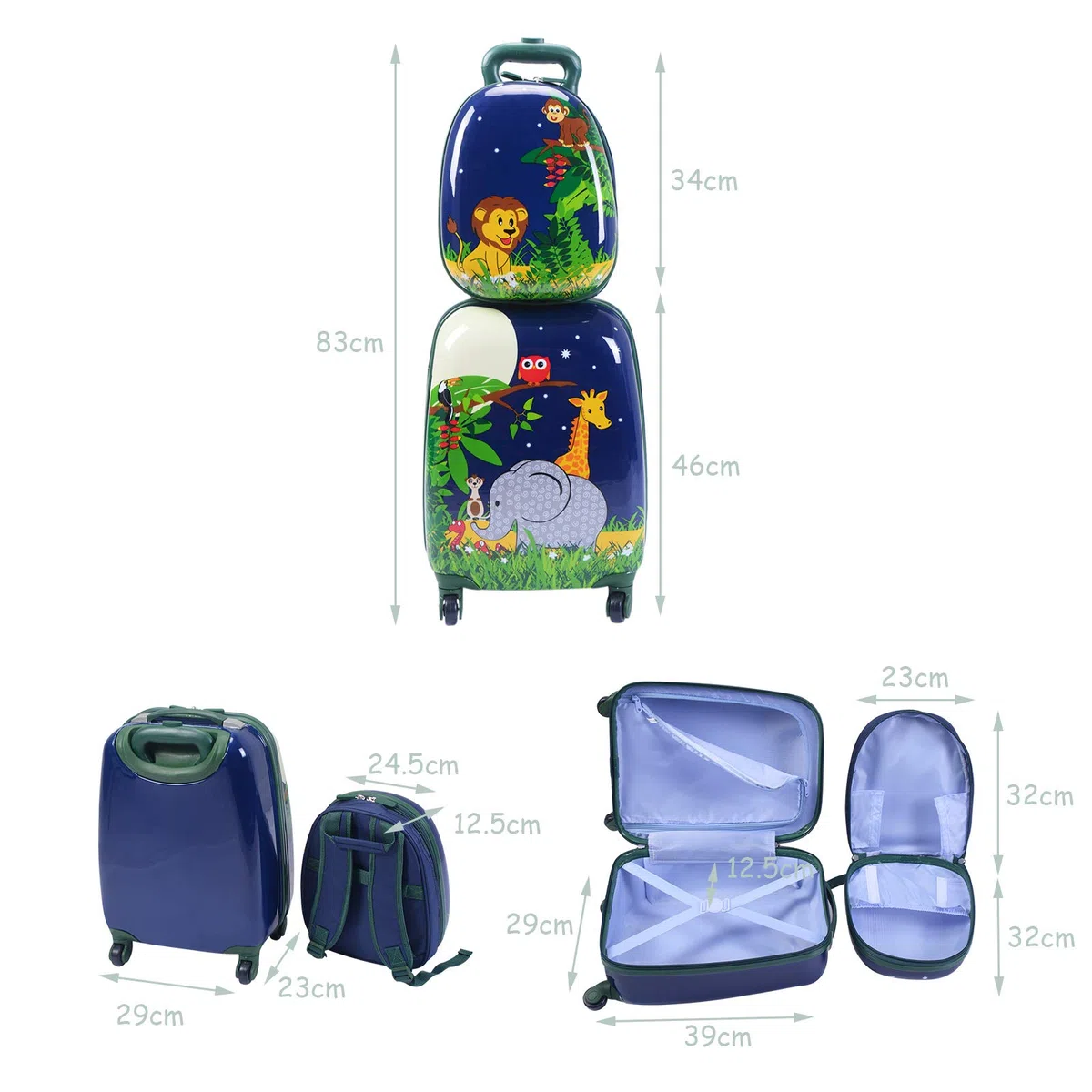 DREAMADE 2 TLG. Kinderkoffer & Rucksack, 16” +12” Kinderkofferset, Kindertrolley Kindergepäck, Handgepäck Reisegepäck Hartschalenkoffer für Kinder (Dunkelblau, 16 Zoll +12 Zoll)