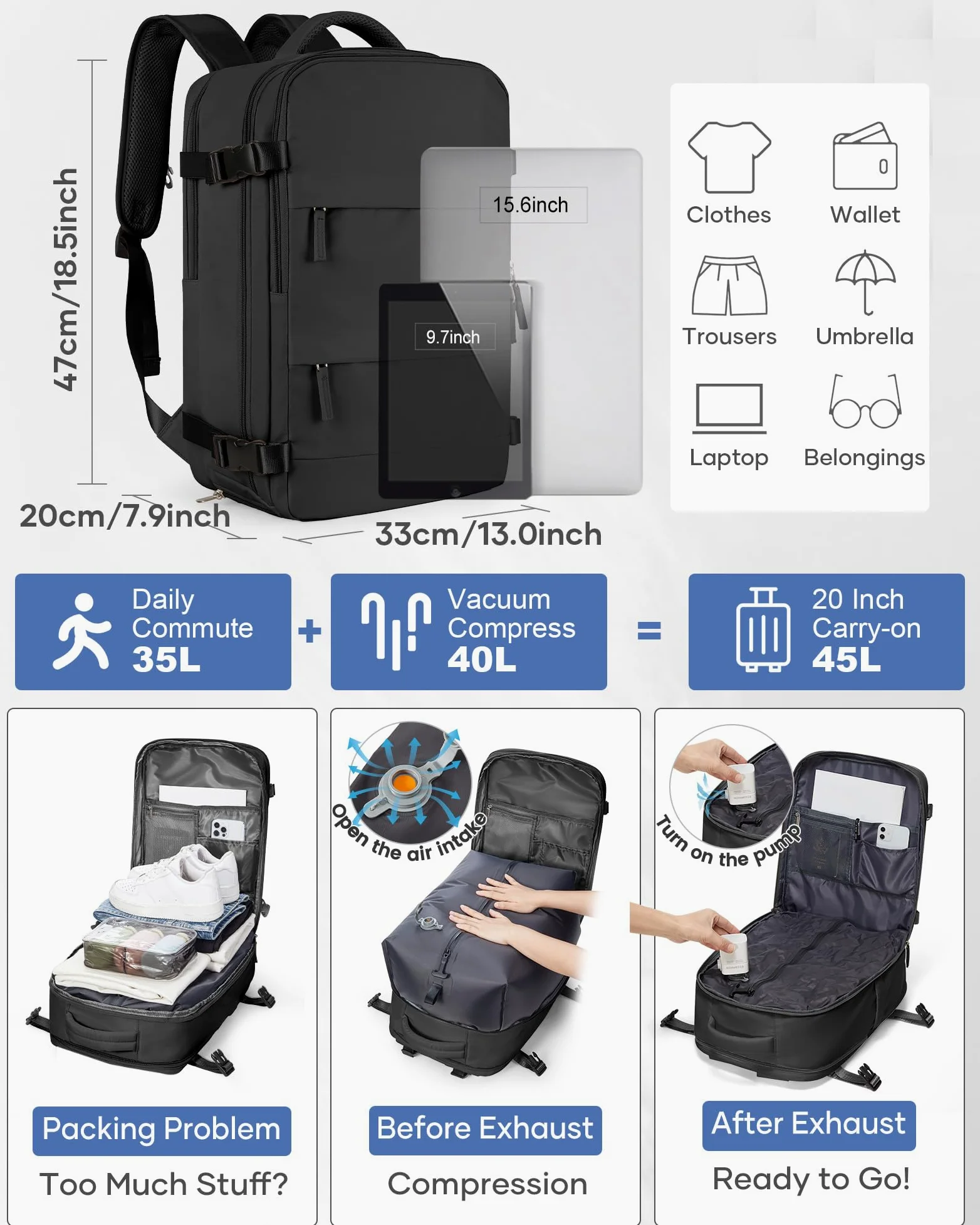 SZLX Großer Reiserucksack Damen,Vakuum Rucksack mit Pumpe Ryanair Handgepäck 40x30x20 Herren, Wizzair Handgepäck 40x30x20 Wasserdichter Tagesrucksack Fit 14 Zoll Laptop mit Schuhfach und Laptopfach