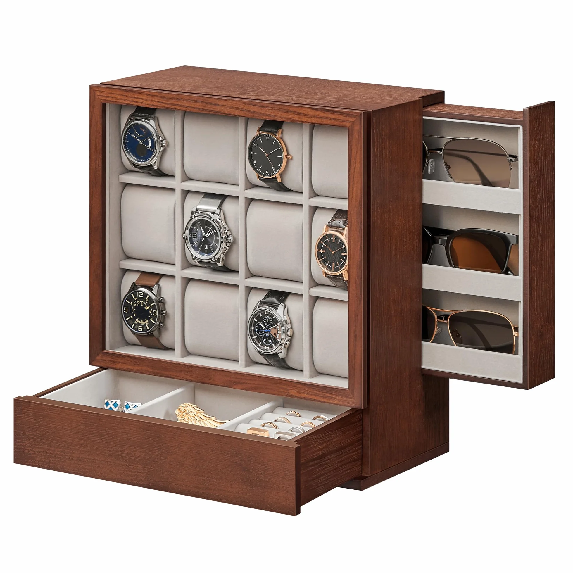 SONGMICS Uhrenbox 12 Fächer, Uhrenkasten mit Fenster, Uhren-Präsentation, Massivholzfurnier, Samtfutter, vertikale Aufbewahrung, platzsparend, Geschenkidee, kaffeebraun JOW014K01