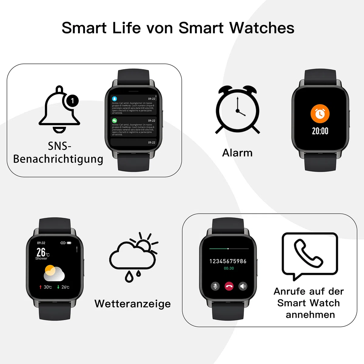 Popglory Smartwatch Herren Damen, 1.85" Fitnessuhr mit Blutdruckmessung Telefonfunktion Sprachsteuerung Herzfrequenz, 100+ Sportmodi Fitness Tracker Schrittzähler Schlaf SpO2, für Android iOS