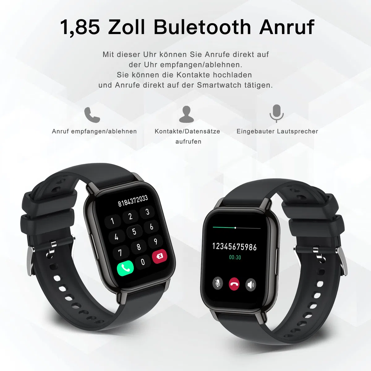 Popglory Smartwatch Herren Damen, 1.85" Fitnessuhr mit Blutdruckmessung Telefonfunktion Sprachsteuerung Herzfrequenz, 100+ Sportmodi Fitness Tracker Schrittzähler Schlaf SpO2, für Android iOS