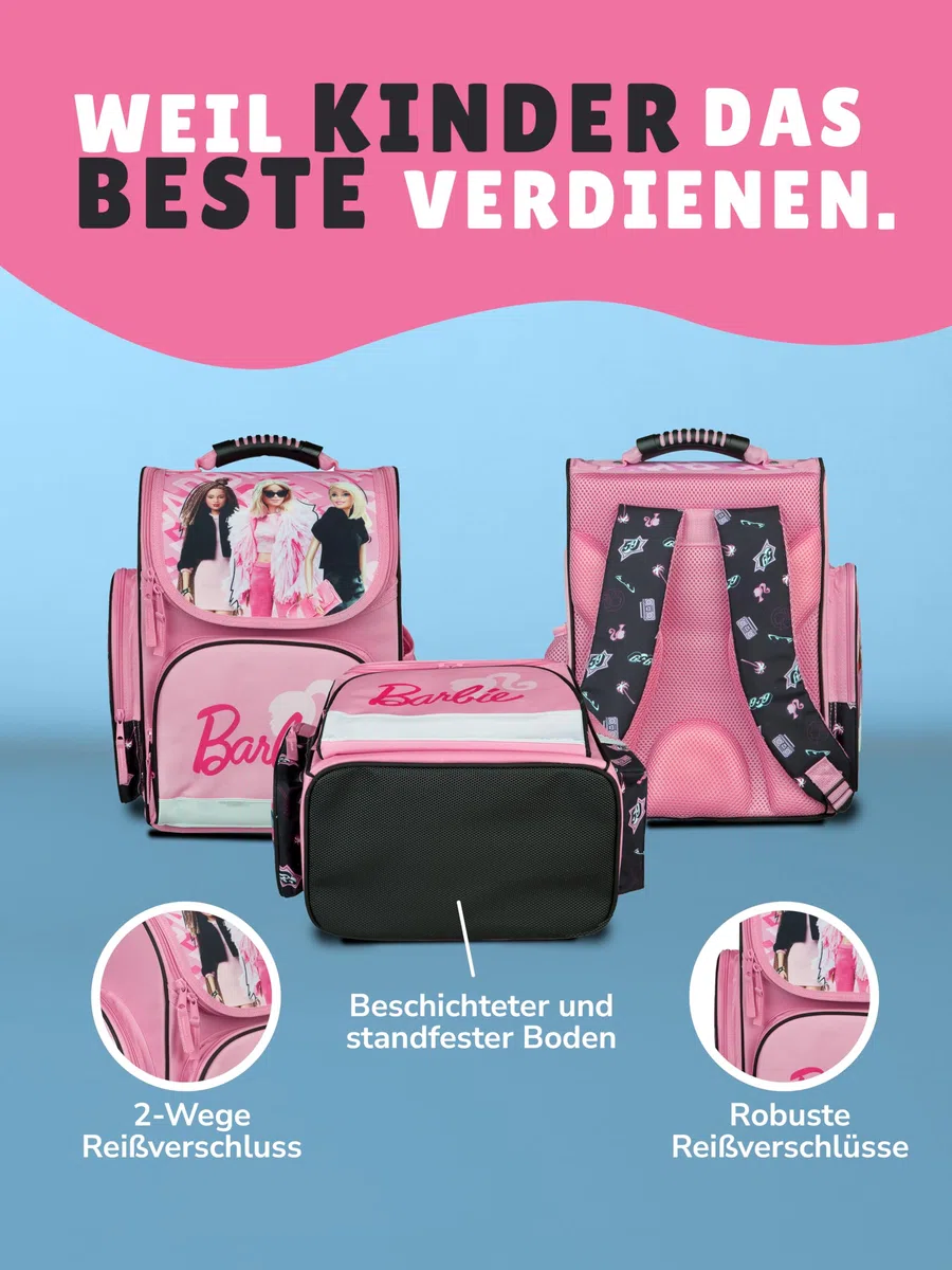 Familando - Schulranzen Set CLOU - 9-teilig mit Sporttasche - Barbie - Ergonomisch, stabil & mit gepolstertem Rücken - 930g leicht - 15L Volumen - Mit Reflektoren - Für Grundschule ab 1. Klasse
