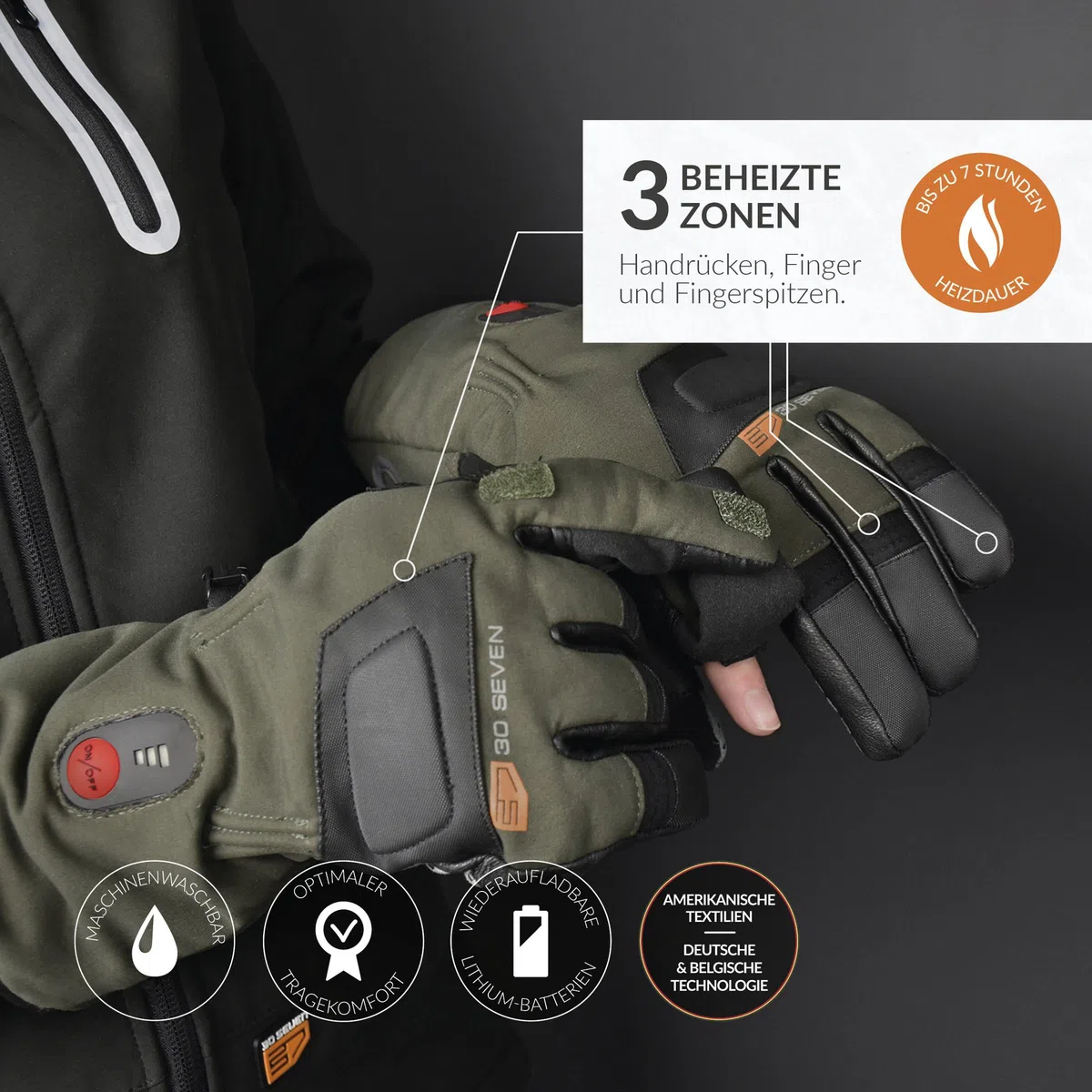 30seven Beheizte Jagdhandschuhe, elektronische Heizhandschuhe zum Jagen/Paintball UVM, wasserfeste & Winddichte Outdoor-Bekleidung, für Damen & Herren, Khaki in 7-XS - 11-XL