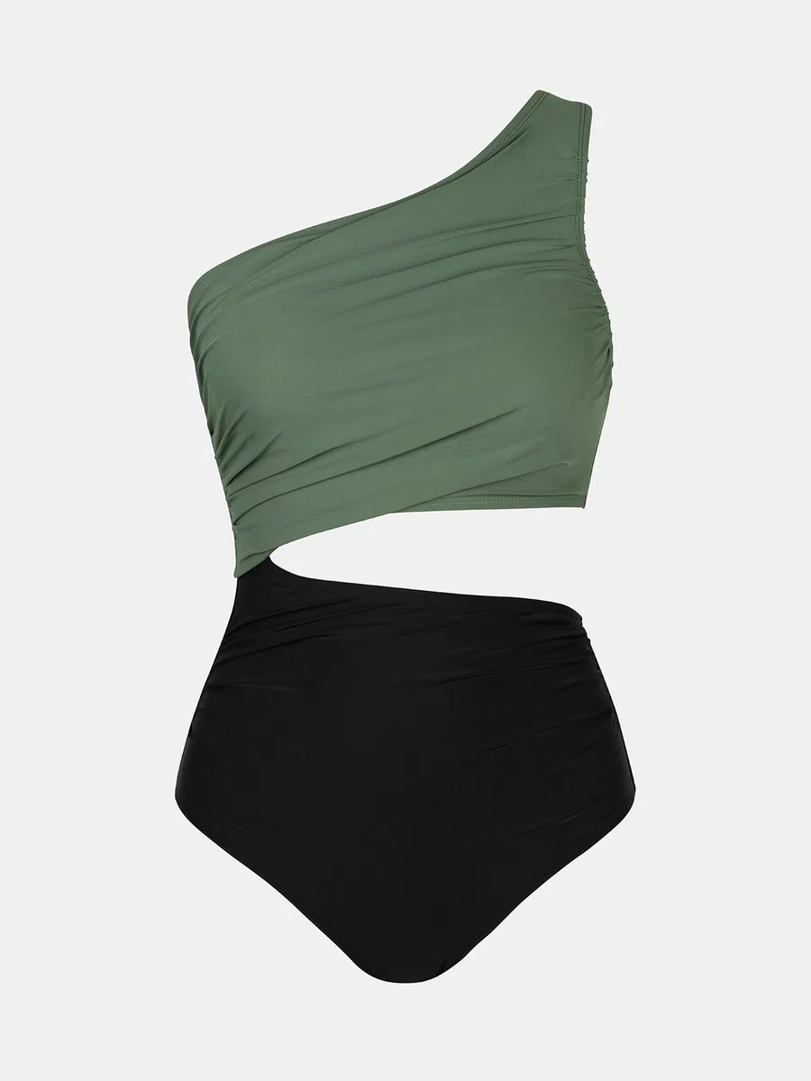 CUPSHE Damen Badeanzug One Shoulder Raffung Farbblock Breite Träger Asymmetrische Einteilige Bademode Swimsuit