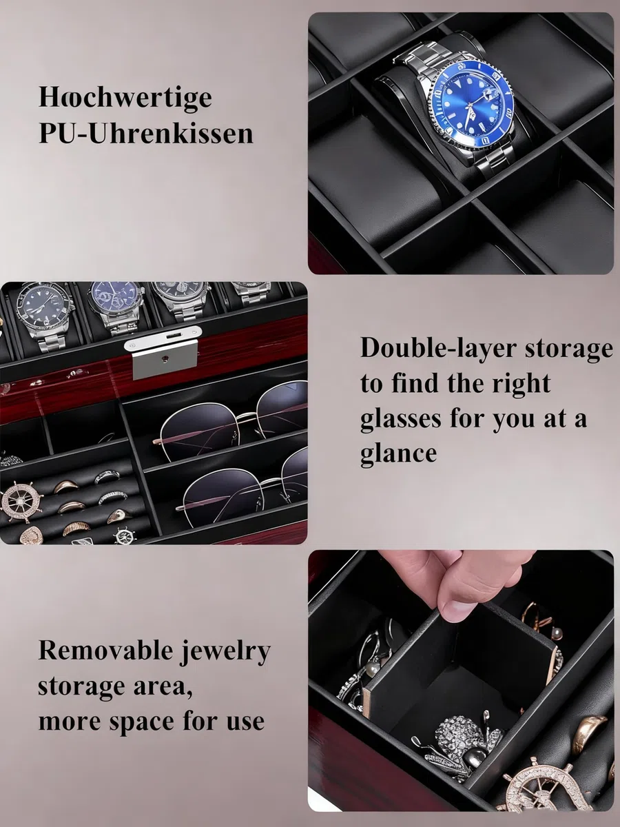ANWBROAD Uhrenetuis Für Herren Uhrenbox Mit 12 Fächern und Großem Glasdeckel 2 Stufige Uhrenvitrine Abschließbarer Uhren Organizer Luxuriöser Uhrenhalter für Geschenk Geeignet JWB003Y