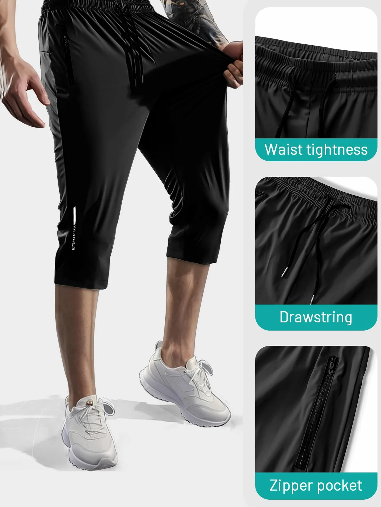 Hidkat Herren-Caprihose,3/4-Jogginghose,Fitness/Training/Wandern,Knielang,leicht,schnell trocknend,mit Reißverschlusstaschen