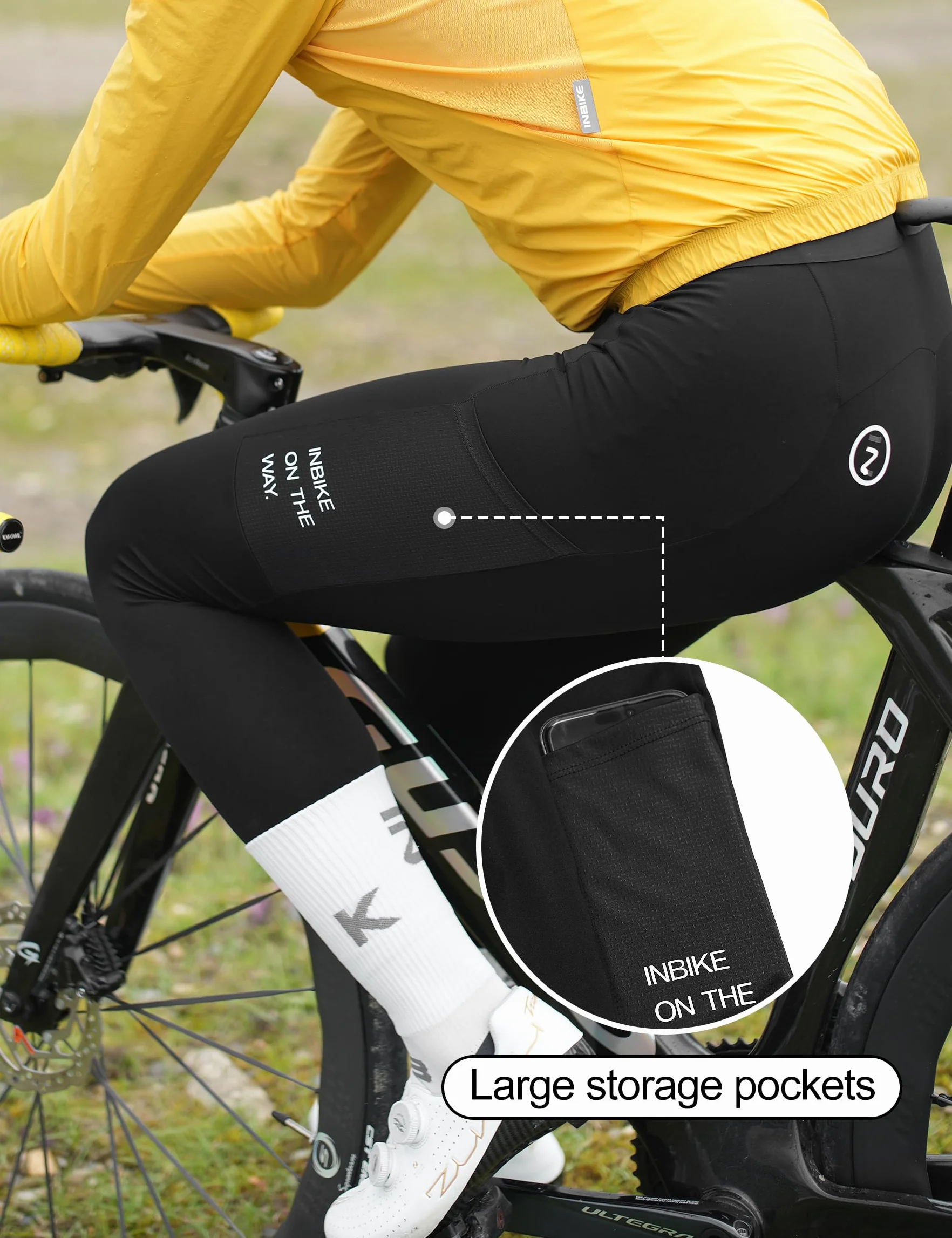 INBIKE Winter Fleece Fahrradhose Trägerhose Thermo mit Sitzpolster Taschen Atmungsaktive Herren Damen Warme Fahrradträgerhose Radhose Lang Reflektierendem für Fahrrad Radfahren