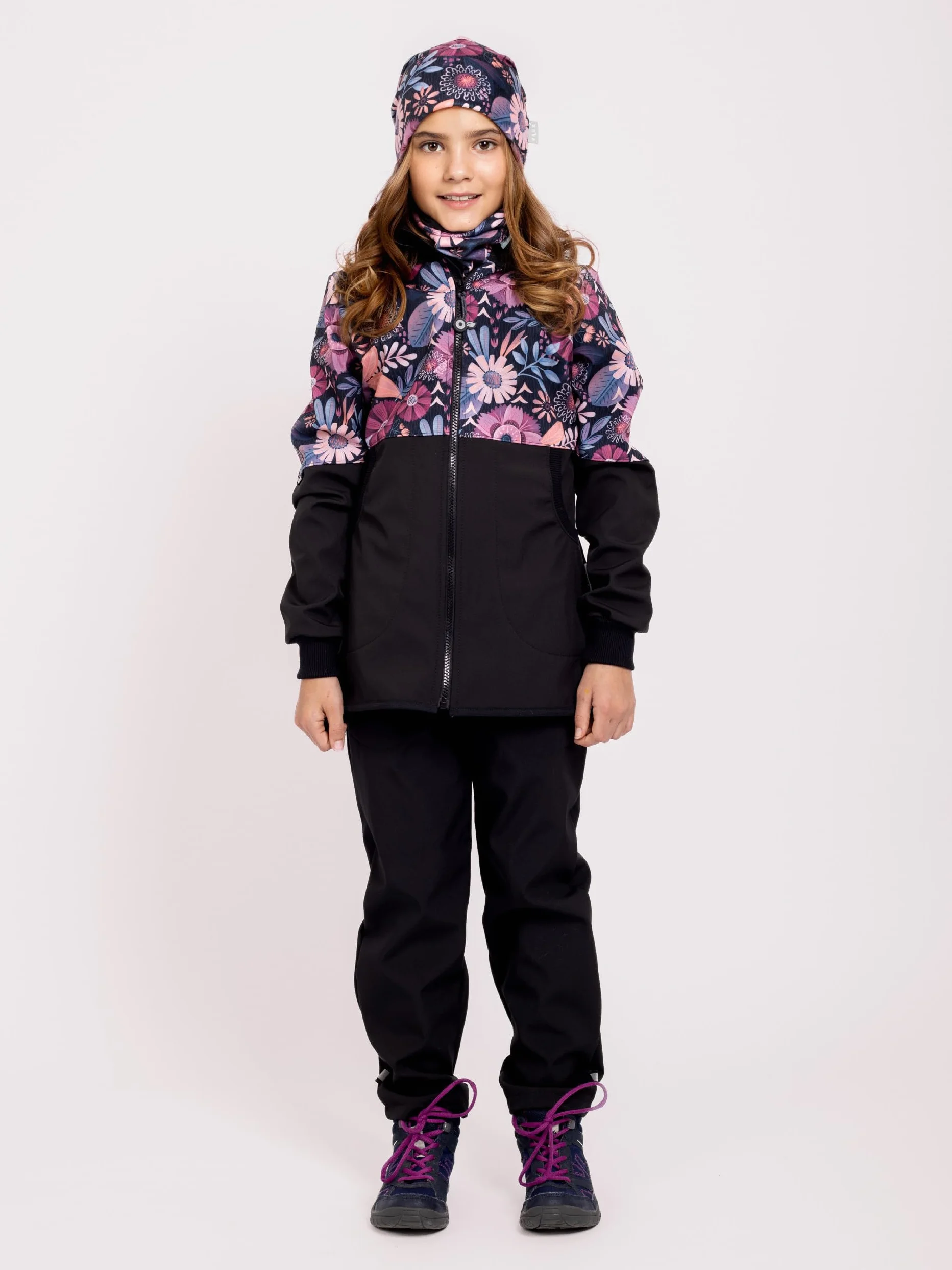 Mädchen Softshellmantel mit Fleece Street, Schwarz, Magische Blumen