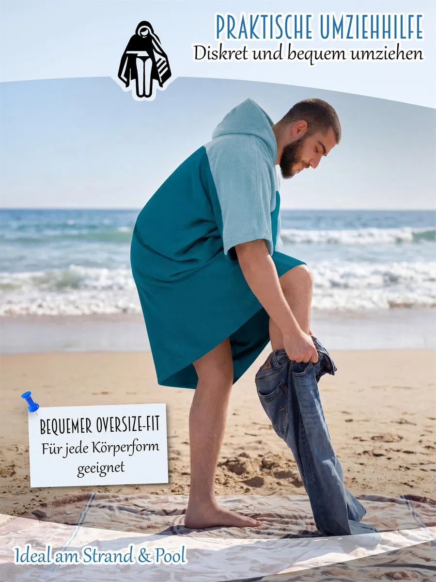 normani Badeponcho für Erwachsene aus Bio-Baumwolle - Strandponcho Surfer-Poncho mit Kapuze - Strand Umziehhilfe für Herren und Damen