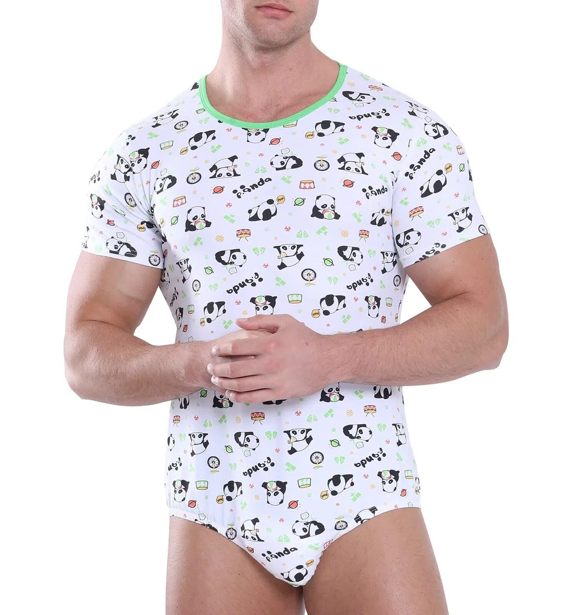 Landofgenie Herren-Einteiler, kurzärmelig, Strampler, Schritt-Shirt, Body, Einteiler, Pyjama, Panda-Druck