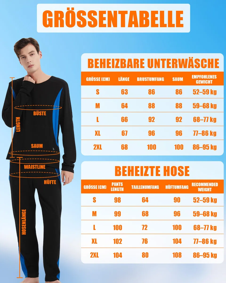CYCYHEAT Beheizbare Unterwäsche Herren & Damen – Elastisches Thermo-Unterwäsche-Set mit Verbesserter Heiztechnologie und 7,4V 10000mAh Akku, 3 Heizstufen für Winter, Zuhause