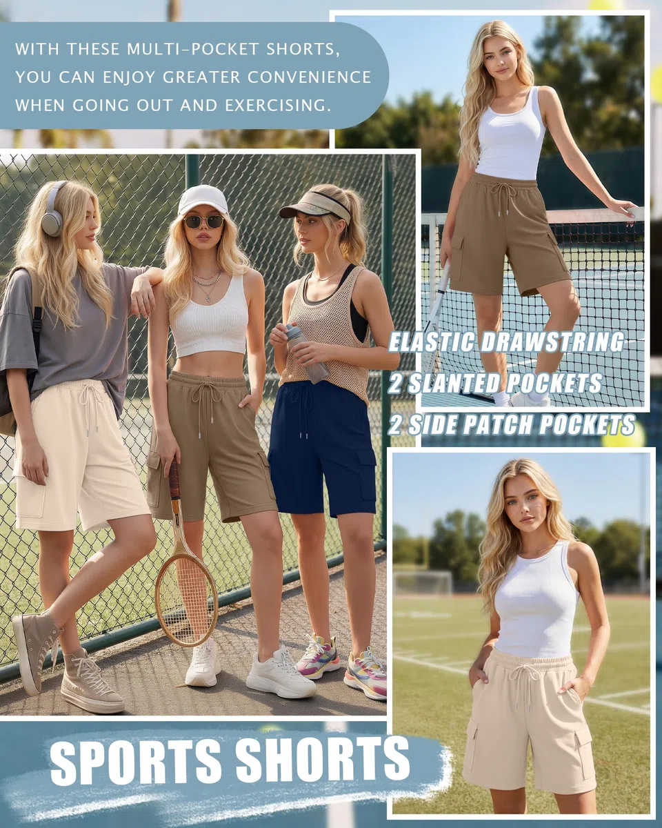 Neer 3er-Pack Damen Cargoshorts Bermuda Elastischer Bund mit Kordelzug Knielang Yogashorts Lässig mit Cargotaschen