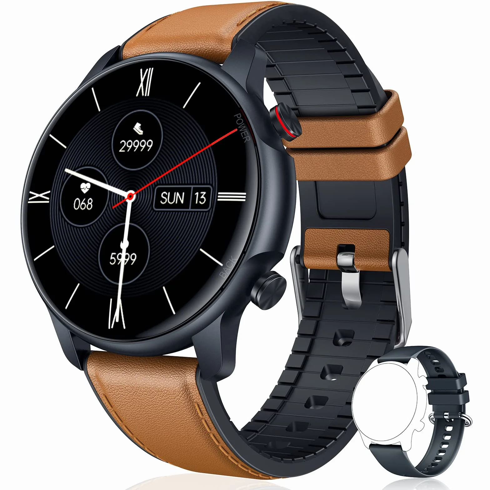 Smartwatch Herren Fitnessuhr Armbanduhr Uhr - 1,32 Zoll Runde Männer Sportuhr Wasserdicht ip68 Schrittzähler Blutdruckmessung Pulsmesser Kalorienzähler Bluetooth Kompatibel Android mit ios (Braun)