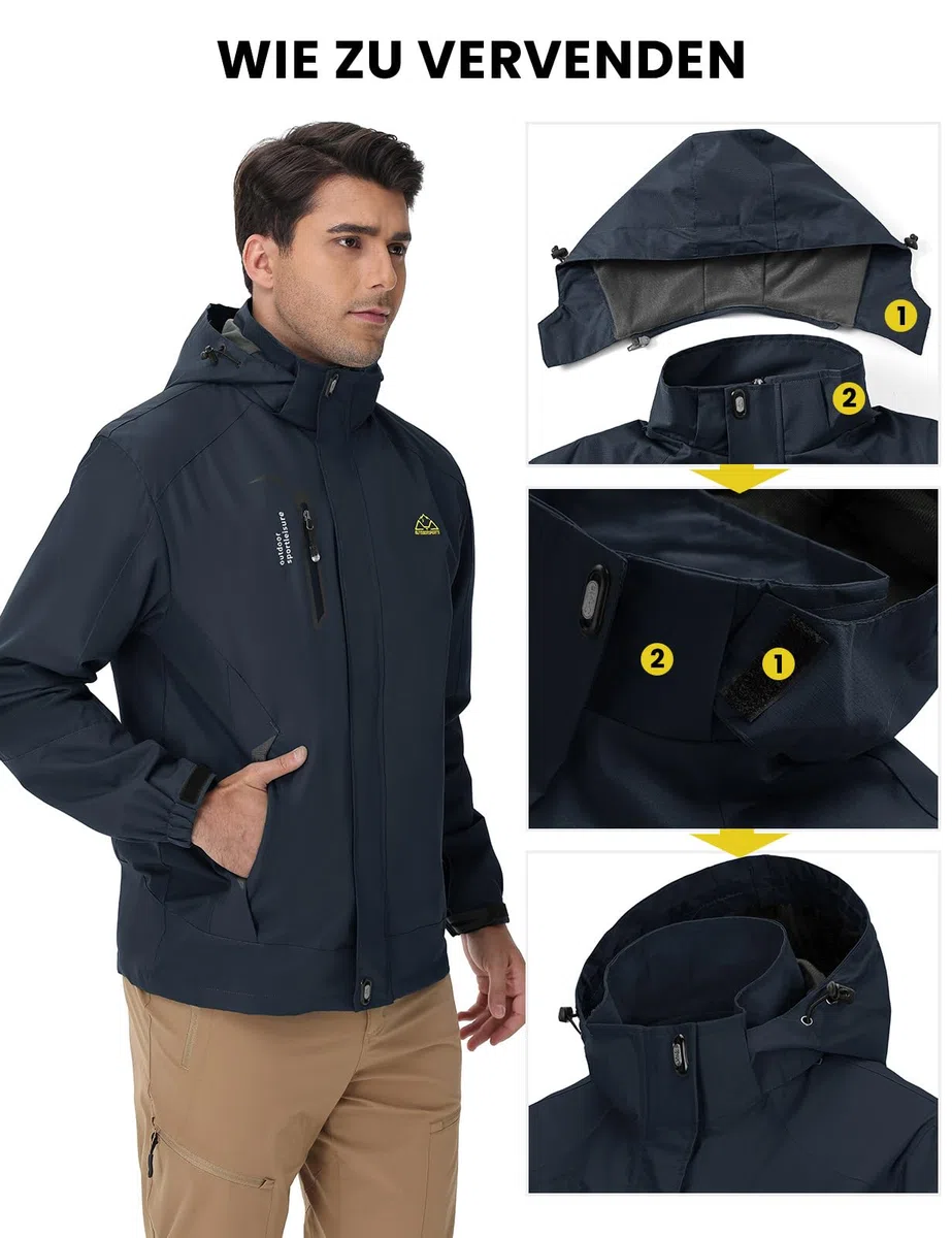 donhobo Herren Outdoor Wanderjacke Wasserabweisend Atmungsaktiv Winddichte Funktionsjacke Leicht Übergangsjacke Trekkingjacke Mäntel mit Abnehmbare Kapuze
