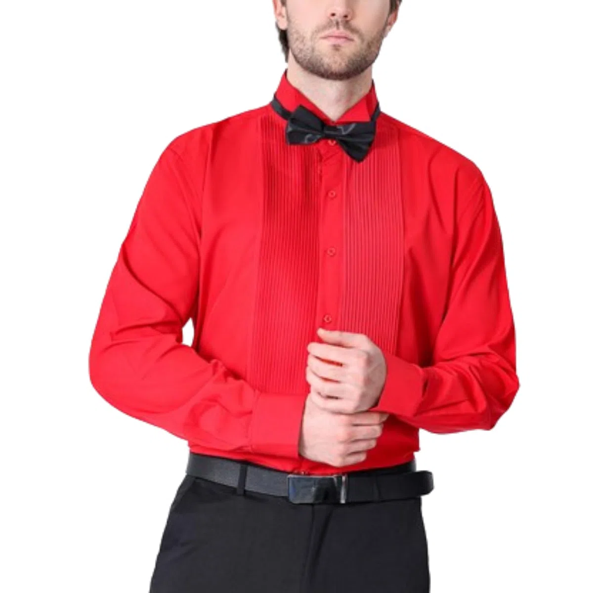 Smokinghemd für Herren, schmale Passform, Herrenhemden, langärmelig, plissiert, einfarbig, Knopfleiste, Business, formelles Hemd mit Fliege, für Party, Hochzeit