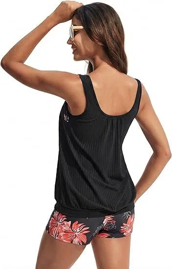 Hanna Nikole Damen Sportlich Tankini Set, Freizeit Zweiteiliger Badeanzug, Sommer Blumenmuster Bademode, Texturen Gepolsterter Oberteil mit Shorts