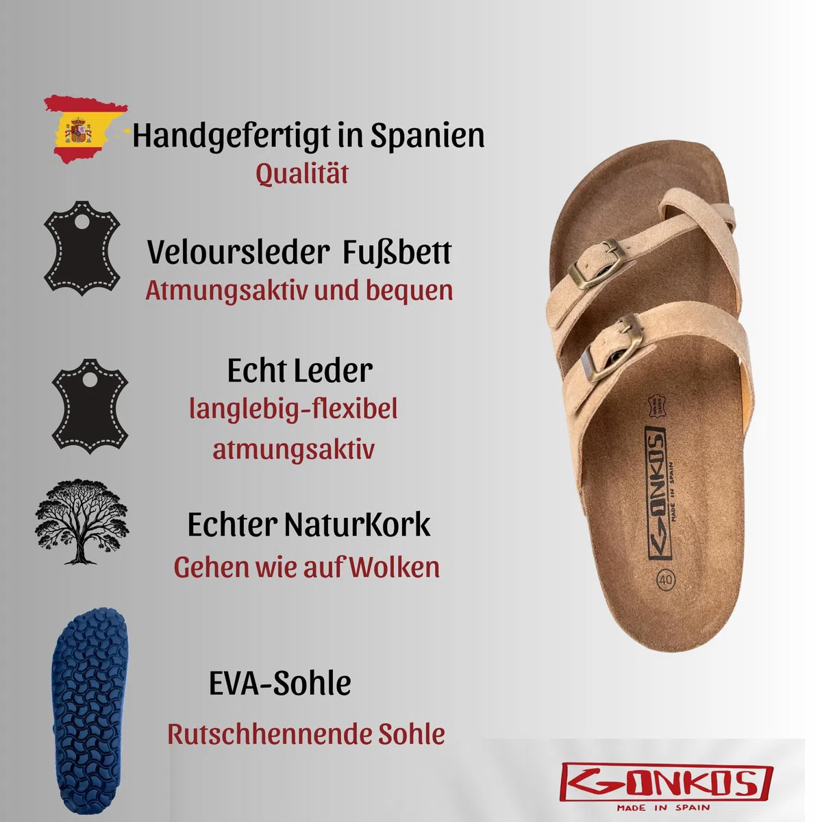 Leder Sandalen, anatomische Kork Einlegesohle, Echtes Leder, Naturkork, verstellbare Schnalle am Fuß, Unisex Zehentrenner, Qualitätssandale Made in Spain