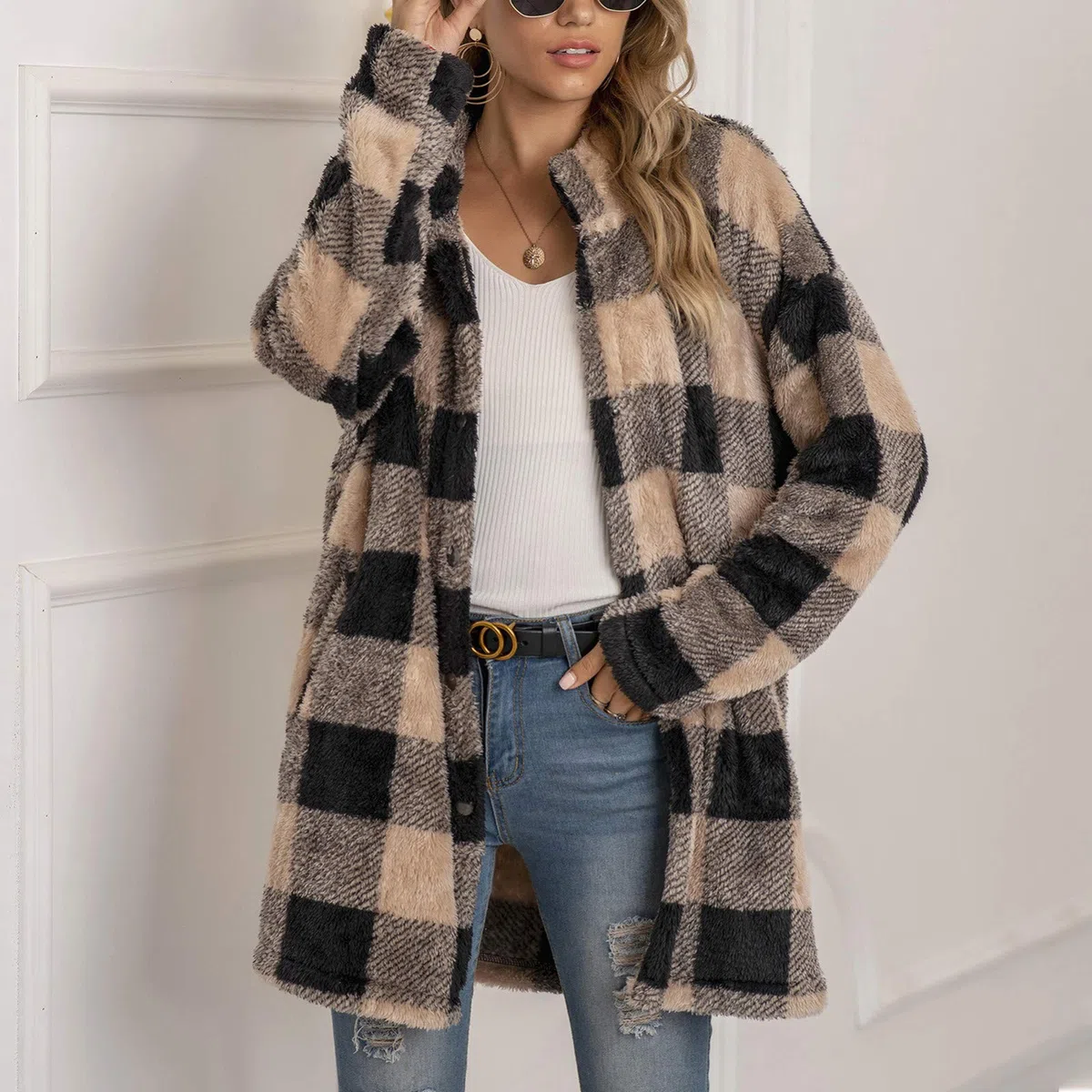 DeaAmyGline Fleecejacke Damen Lang Karierte Winter Jacke Mantel Parka Cardigan Plüschjacke Plüschmantel Wintermantel Winterjacke Fleece Jacken Damenjacken Teddyjacke für Frauen