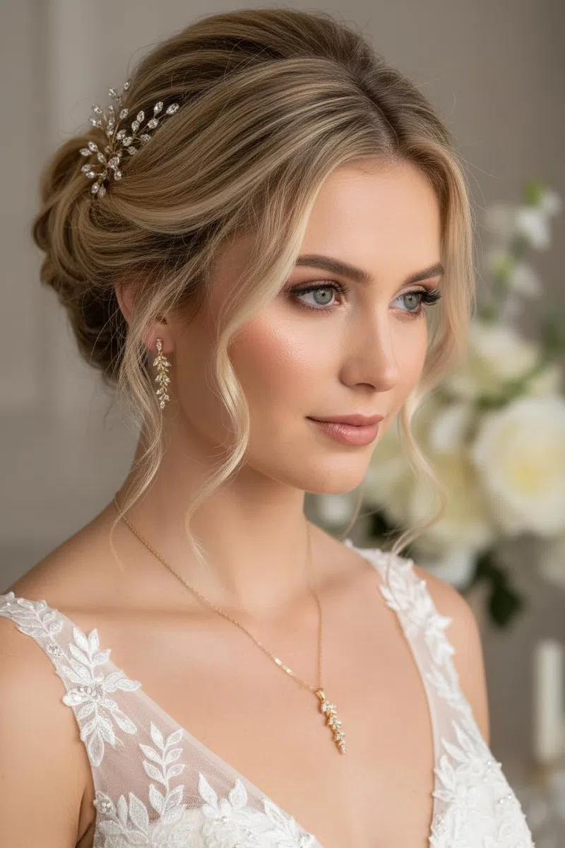 Elegantes Brautschmuck Set mit Zirkonia, Halskette und Ohrringe, Gold Silber oder Rosegold, Rückenkette abnehmbar, Schmuckset, Blatt, Blätter, Hochzeit