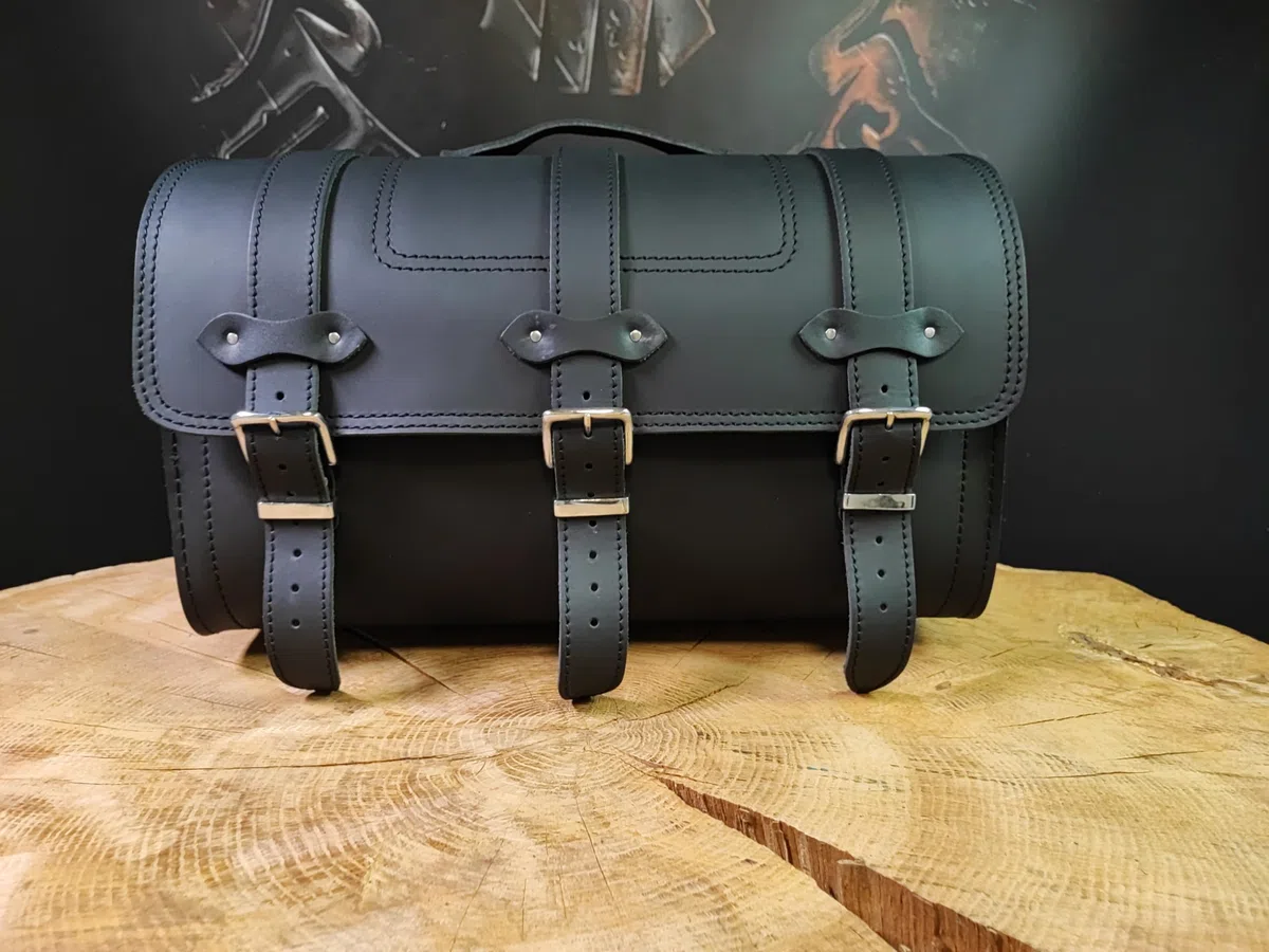 Thor Packtasche kompatibel mit Sissybar Harley Davidson Gepäckkoffer Leder Satteltasche Gepäckträger schwarz Heritage Chopper Intruder Wildstar Dragstar Neu Leder schwarz Gepäckrolle