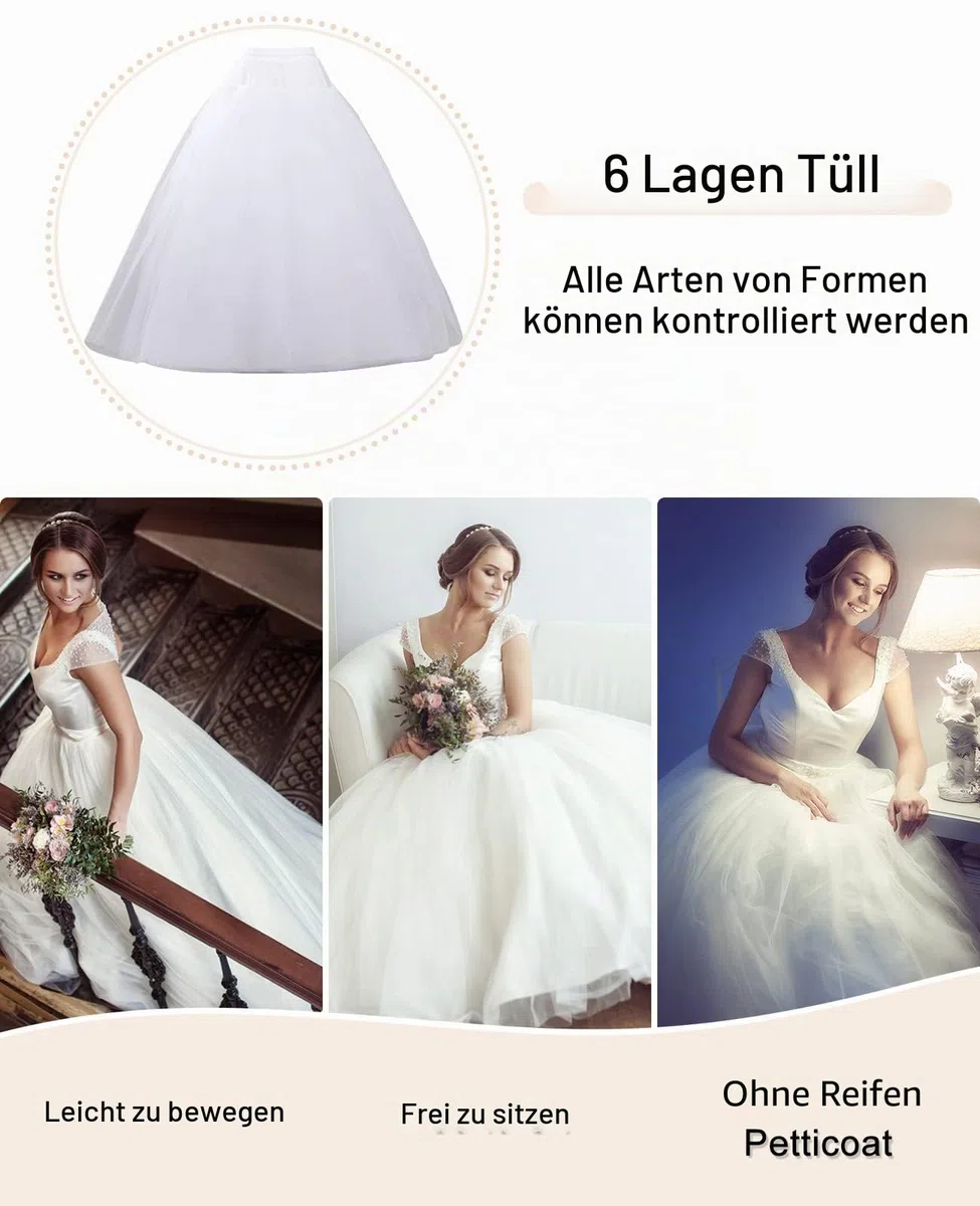 Hoopless Petticoat Crinoline Unterrock Rock 6 Schichten bodenlang Ballkleid Petticoat Unterrock Slip für Hochzeitskleid