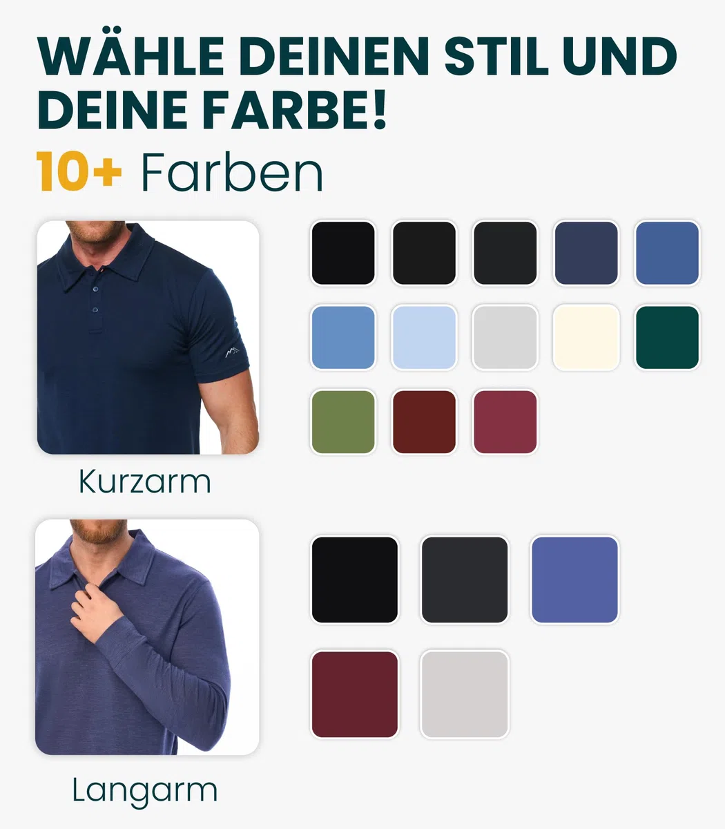 Merino.tech Premium Merino Poloshirt Herren – Kurzarm & Langarm Shirt – Outdoor & Alltag