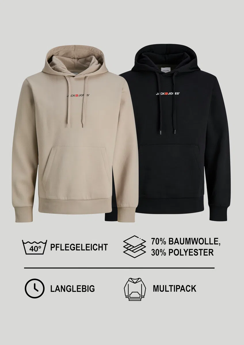 JACK & JONES Herren Hoodie 2er Pack – Kapuzenpullover Langarm aus Baumwolle Polyester Mix, Weiches Sweatshirt mit Kapuze, Pflegeleichte Hoodies für Männer, Streetwear Pullover für Freizeit und Alltag