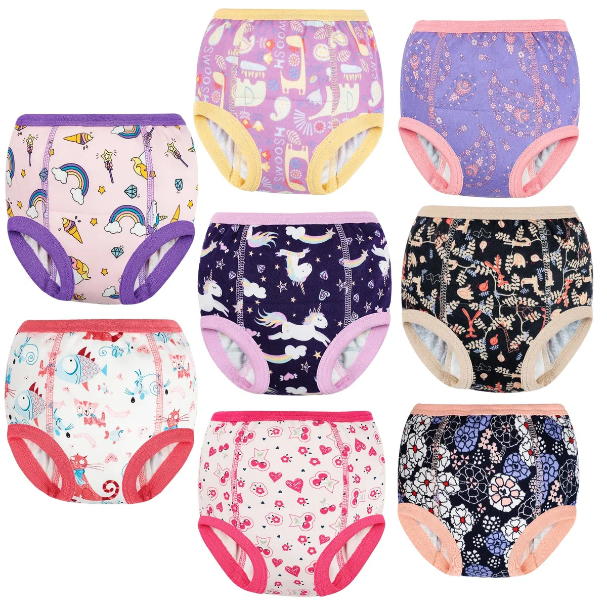 MooMoo Baby Trainingsunterwäsche für Jungen und Mädchen, saugfähige Kleinkind-Trainingshosen, Baumwolle, waschbar und wiederverwendbar, 2T-7T, 8 Packungen