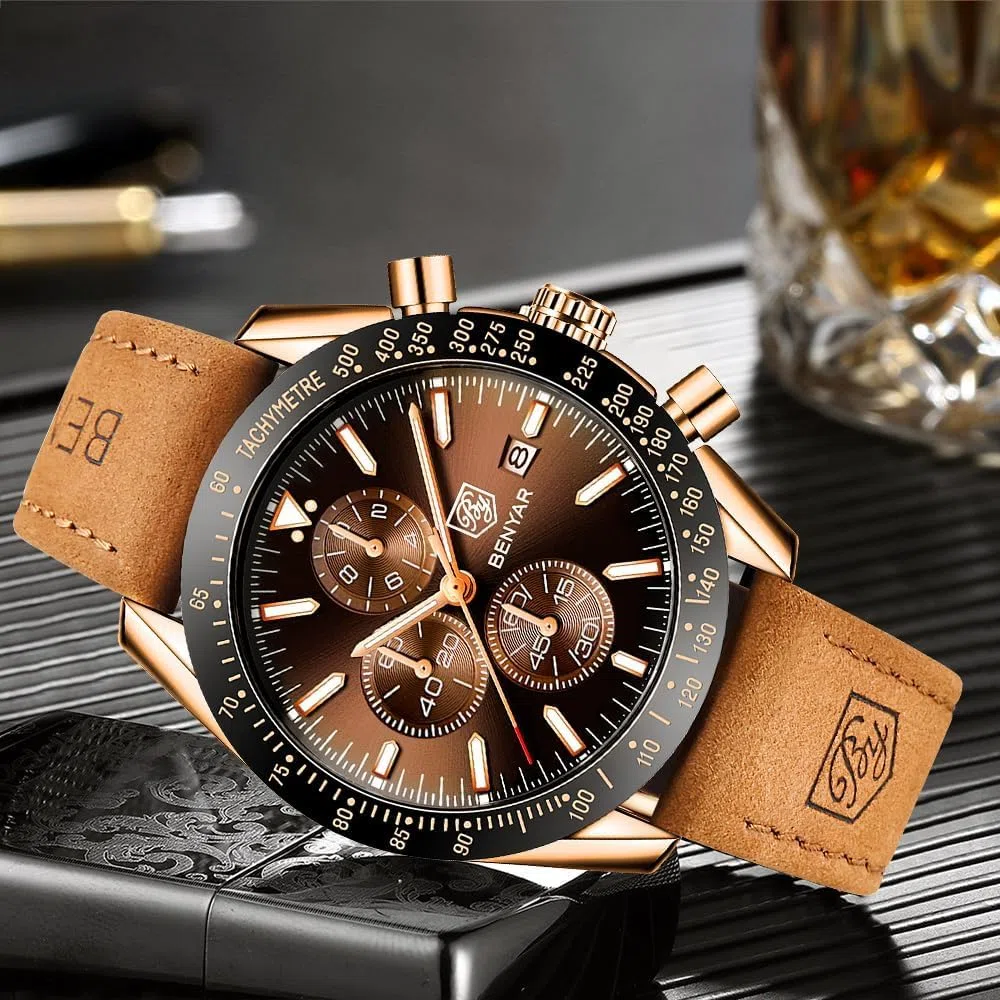 BENYAR BY herrenuhr Braun Leder Strap Quarz Chronograph Uhr Männer Datum Kalender Wasserdicht Armbanduhr Herren Sport mit Blau/Schwarz Zifferblatt