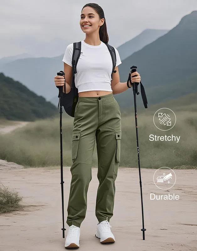 Pioneer Camp Cargohose Damen Lang Wanderhose für Frauen Strapazierfähig Cargo Hosen Verstellbarer Bund Outdoor Jogginghosen mit 6 Taschen