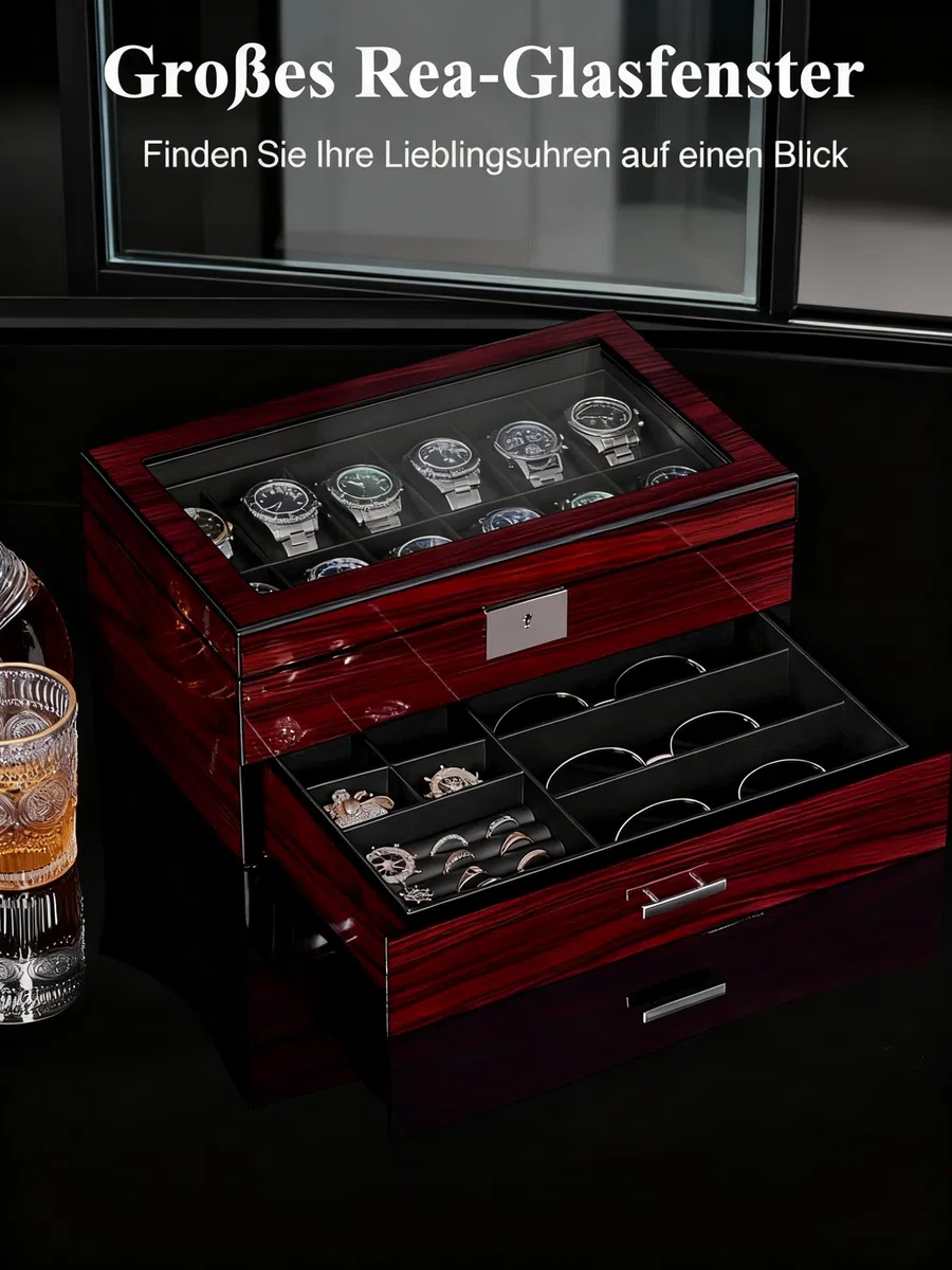 ANWBROAD Uhrenetuis Für Herren Uhrenbox Mit 12 Fächern und Großem Glasdeckel 2 Stufige Uhrenvitrine Abschließbarer Uhren Organizer Luxuriöser Uhrenhalter für Geschenk Geeignet JWB003Y